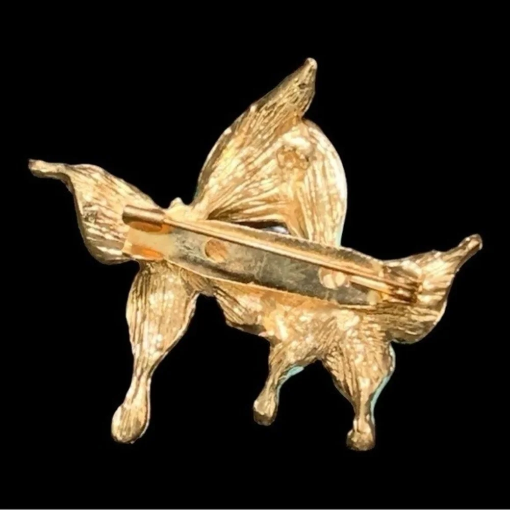 Vintage Blue Green Crystal Butterflies Brooch 2"x1.25" Gold Tone Pin Excellent - Picture 3 of 4